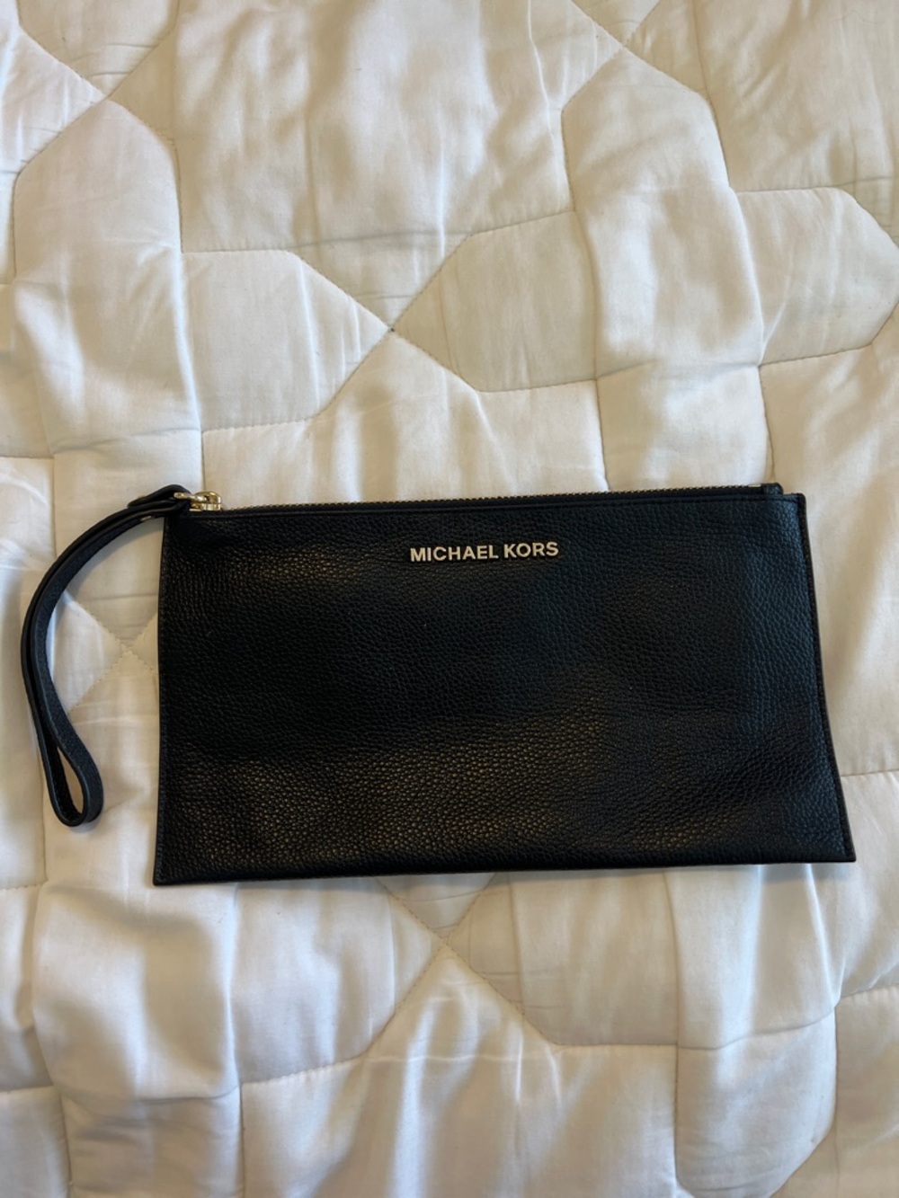 Michael Kors Black Leather Zip Wristlet with Gold Logo